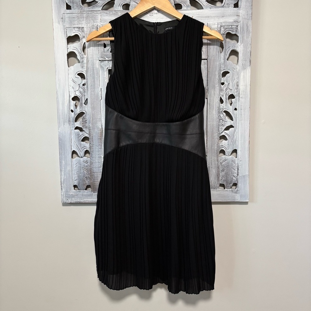 Karen Millen Black Pleated Faux Leather Waist Fit Flare High Neck Mini Dress